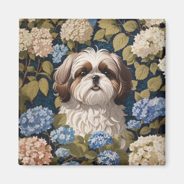 Cute Shih Tzu Puppy Blue hydrangea blommor Magnet (Framsidan)
