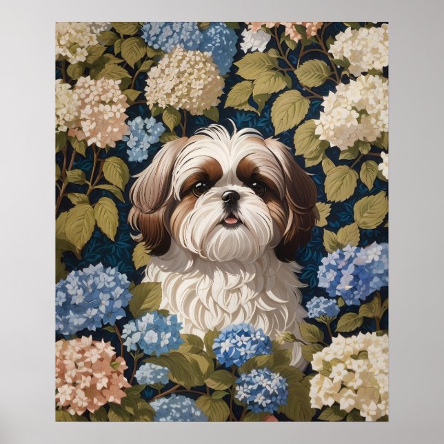 Cute Shih Tzu Puppy Blue hydrangea blommor Poster (Framsidan)