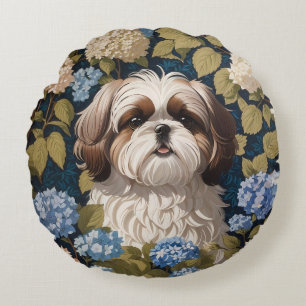 Cute Shih Tzu Puppy Blue hydrangea blommor Rund Kudde