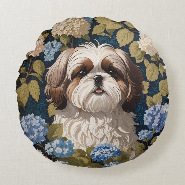 Cute Shih Tzu Puppy Blue hydrangea blommor Rund Kudde (Framsidan)