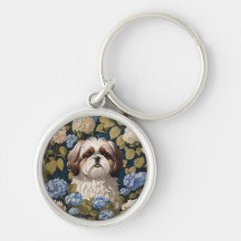 Cute Shih Tzu Puppy Blue hydrangea blommor Rund Silverfärgad Nyckelring