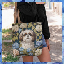 Cute Shih Tzu Puppy Blue hydrangea blommor