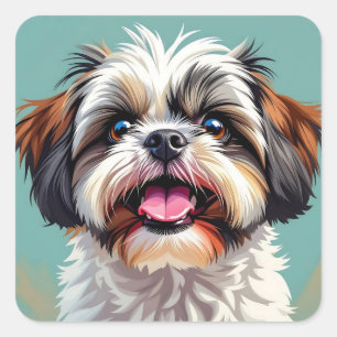 Cute Shih Tzu Puppy Hund Fyrkantigt Klistermärke