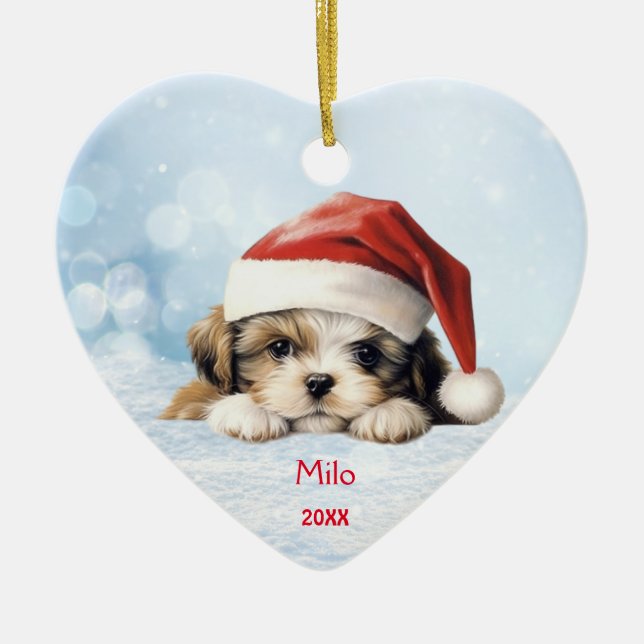 Cute Shih Tzu Puppy Hund Santa Hat Pencil Art Julgransprydnad Keramik (Framsidan)