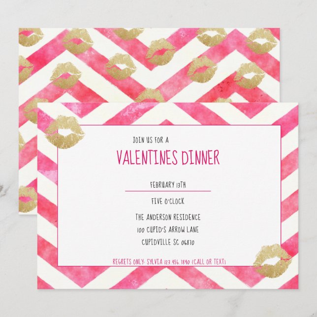 Cute Shock rosa Chevron Guld Läppar Valentine Part Inbjudningar (Fram/baksida)