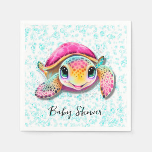 Cute Shock rosa och Teal Turtle Girl Baby Shower Pappersservett