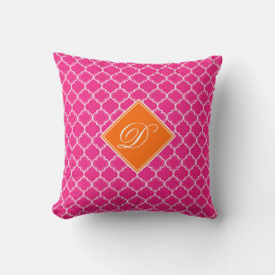 Cute Shock rosa Orange och White Trellis Monogram Kudde