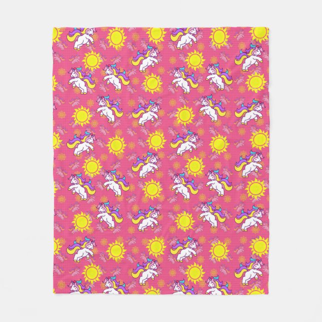 Cute Shock rosa Sunny Unicorn Mönster Design Fleecefilt (Framsidan)
