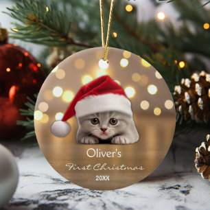 Cute Shorthair Cat Santa Hat Tass Personlig Guld Julgransprydnad Keramik