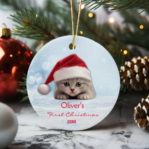 Cute Shorthair Cat Santa Hat Tass Personlig Julgransprydnad Keramik