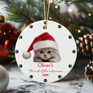Cute Shorthair Cat Santa Hat Tass Personlig Julgransprydnad Keramik