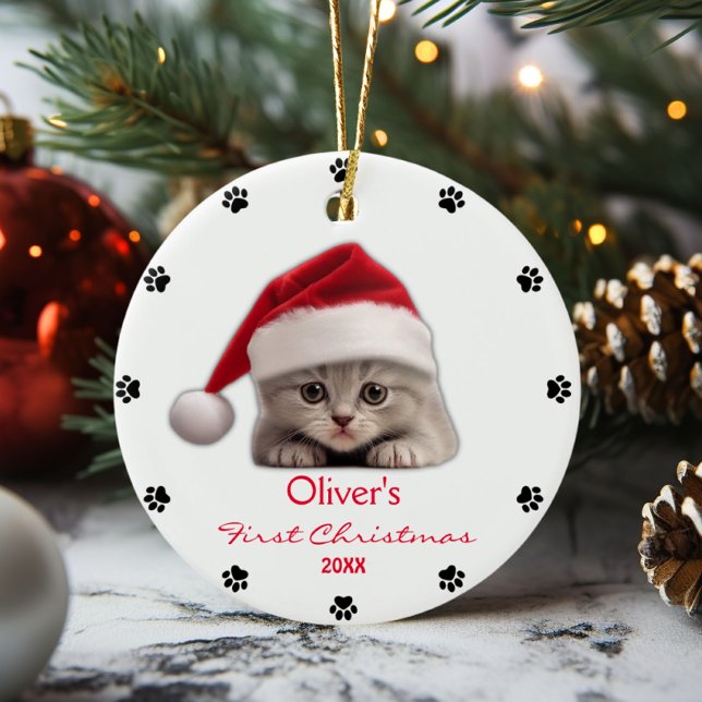 Cute Shorthair Cat Santa Hat Tass Personlig Julgransprydnad Keramik (Skapare uppladdad)