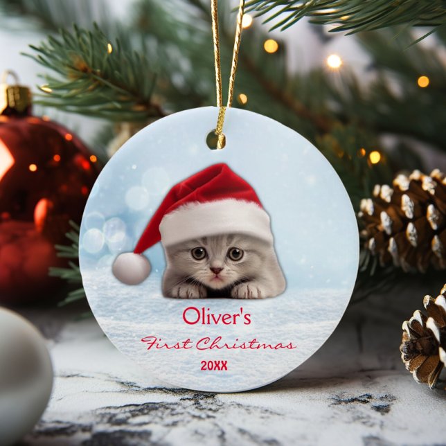 Cute Shorthair Cat Santa Hat Tass Personlig Julgransprydnad Keramik (Skapare uppladdad)