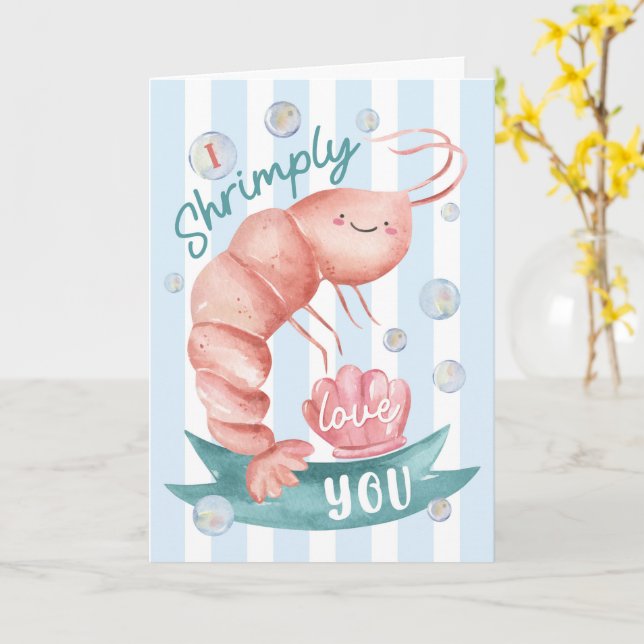 Cute Shrimp Valentine’s Card – I Shrimply Love You Kort (Gul blomma)