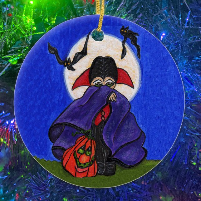 Cute Shy Little Vampire Fladdermus Måne Julgransprydnad Keramik (Cute Dracula ornament.  Custom text on back)