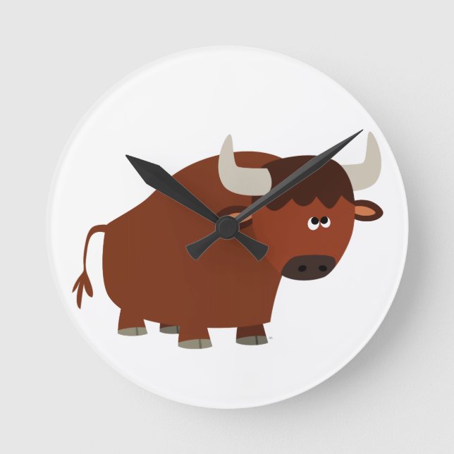 Cute Shy Tecknad Bull Wall Clock Rund Klocka (Framsida)