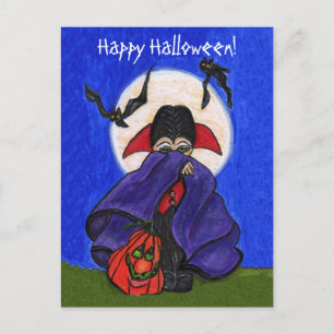 Cute Shy Vampire Lila Cape Smiling Pumpkin Fladder Vykort
