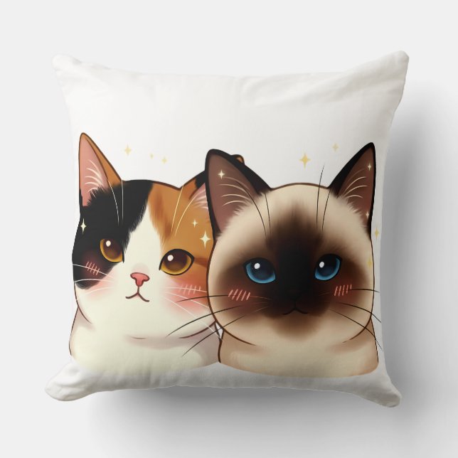 Cute Siamese & Calico Cat Portrait Duo | Adorable  Kudde (Framsida)