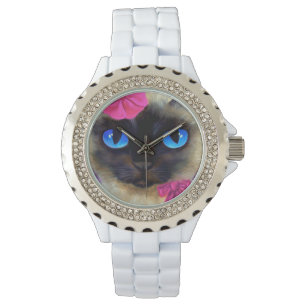 Cute Siamese Cat Elegant Rosa Ribbon Illustration Armbandsur