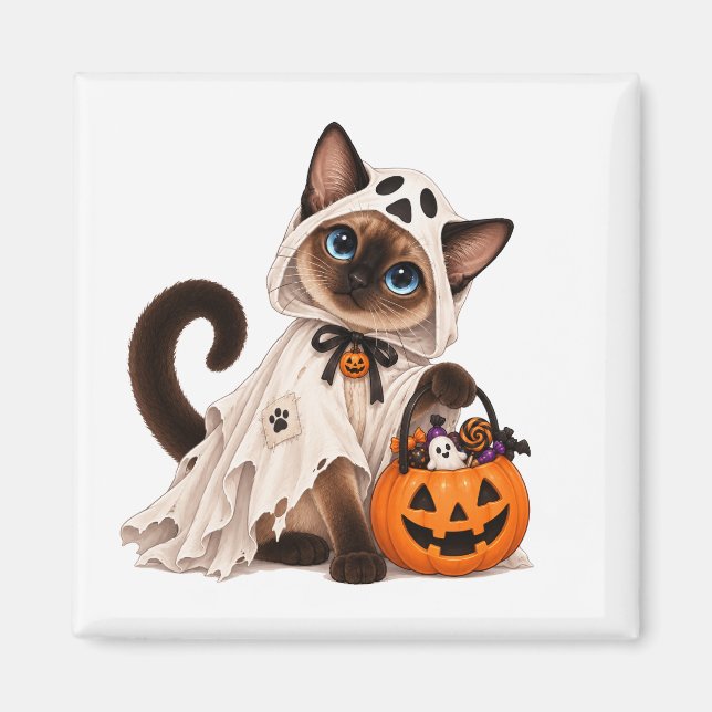 Cute Siamese Cat Ghost Halloween Magnet (Framsidan)