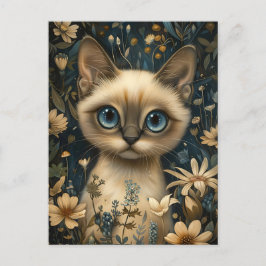 Cute Siamese Cat i en Blomsterträdgård - Whimsiskt Vykort