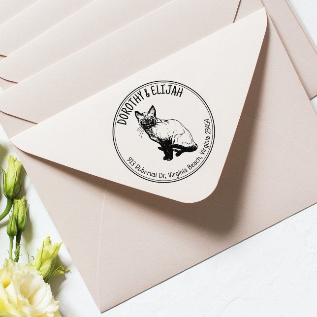 Cute Siamese Cat Returadress par, Circle Stämpel (Skapare uppladdad)