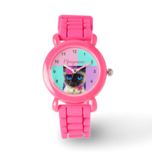 Cute Siamese Cat Rosa Glitter Namn Armbandsur