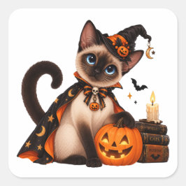 Cute Siamese Cat Witch Halloween Fyrkantigt Klistermärke