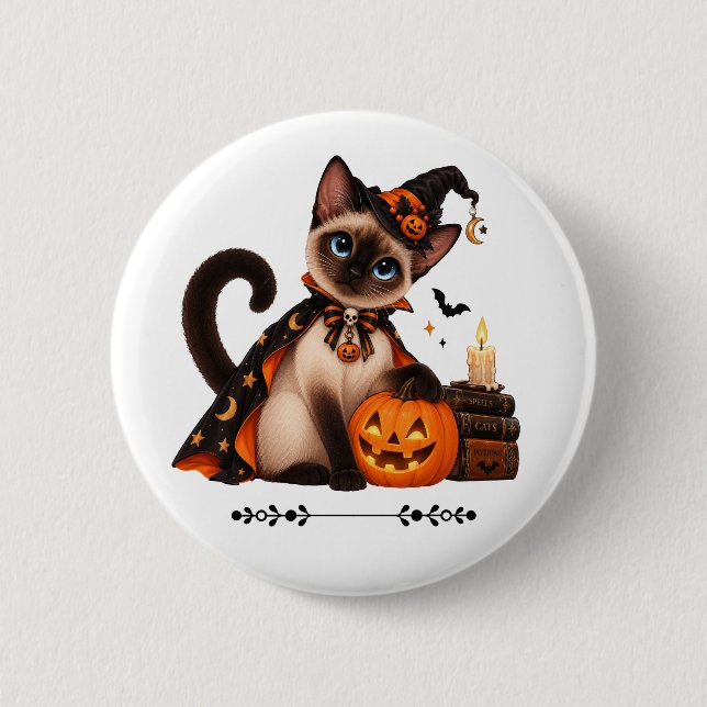 Cute Siamese Cat Witch Halloween Knapp (Framsida)