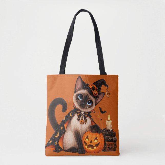Cute Siamese Cat Witch Halloween Tygkasse (Framsida)