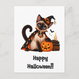 Cute Siamese Cat Witch Halloween Vykort