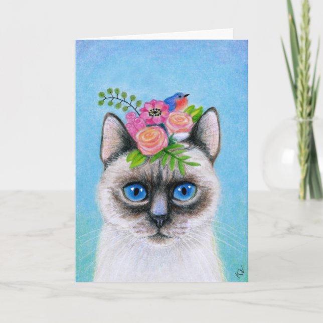 Cute Siamese Cat with Flower Hat Helgkort (Framsida)