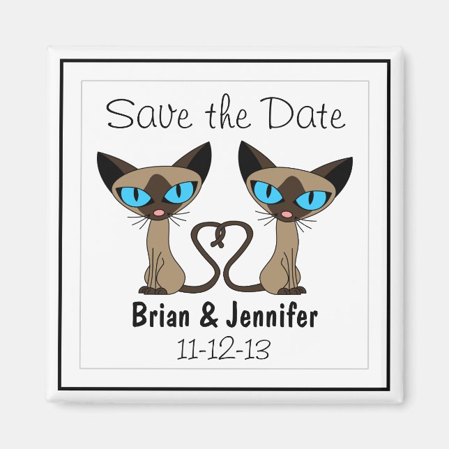 Cute Siamese Cats Svan Heart Bröllop spara datum Magnet (Framsidan)