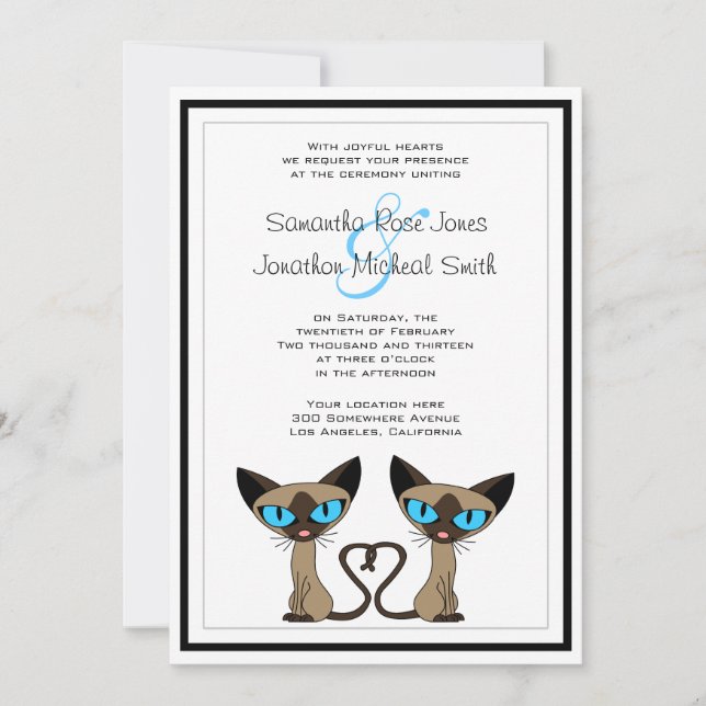 Cute Siamese Cats Svan Heart Wedding bjudande Inbjudningar (Framsida)