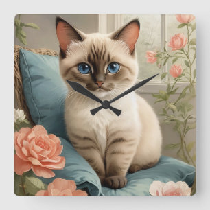 Cute Siamese Kitten Fyrkantig Klocka