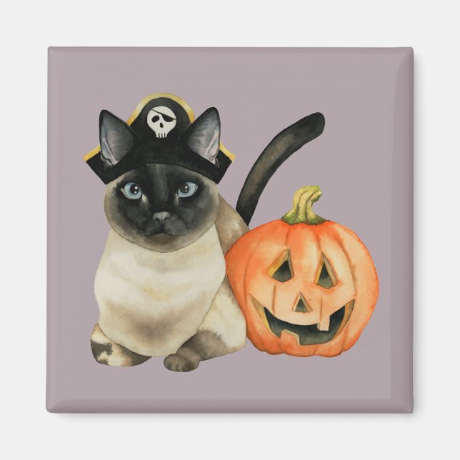 Cute Siamese Pirat Cat med Jack o lantern Magnet (Framsidan)