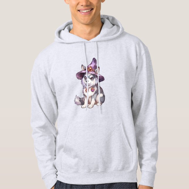 Cute Siberian husky Hund i Witch Hat Hoodie (Framsida)