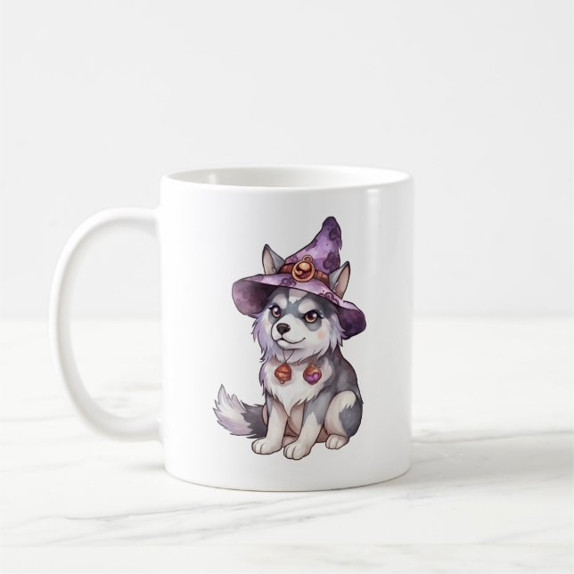 Cute Siberian husky Hund i Witch Hat Kaffemugg (Vänster)