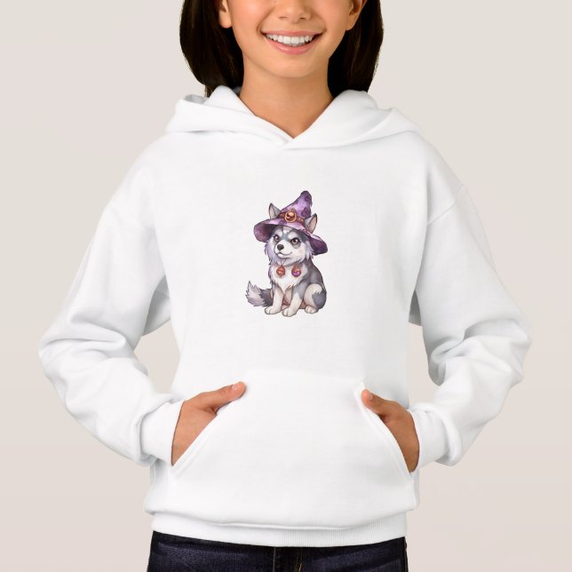 Cute Siberian husky Hund i Witch Hat T Shirt (Framsida)