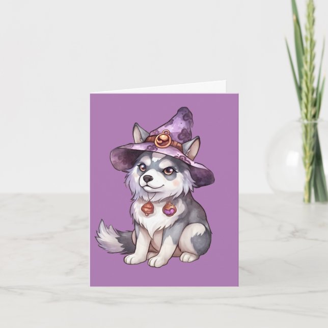 Cute Siberian husky Hund i Witch Hat Tack Kort (Framsida)