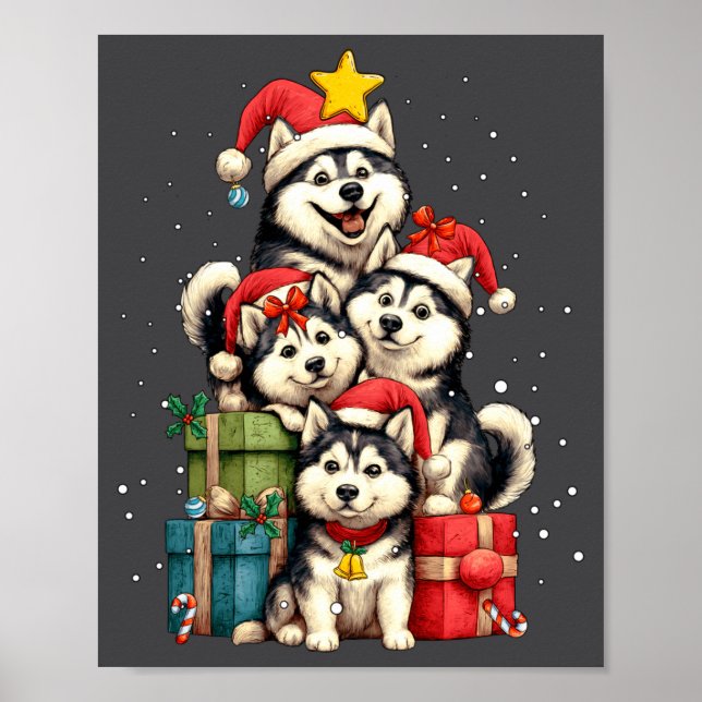Cute Siberian Husky Le Dog Christmas Tree Xmas Hat Poster (Framsidan)