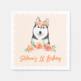 Cute Siberian husky och Peach Flowers Birthday Pappersservett