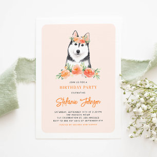 Cute Siberian husky Peach Blommigt Barns födelseda Inbjudningar