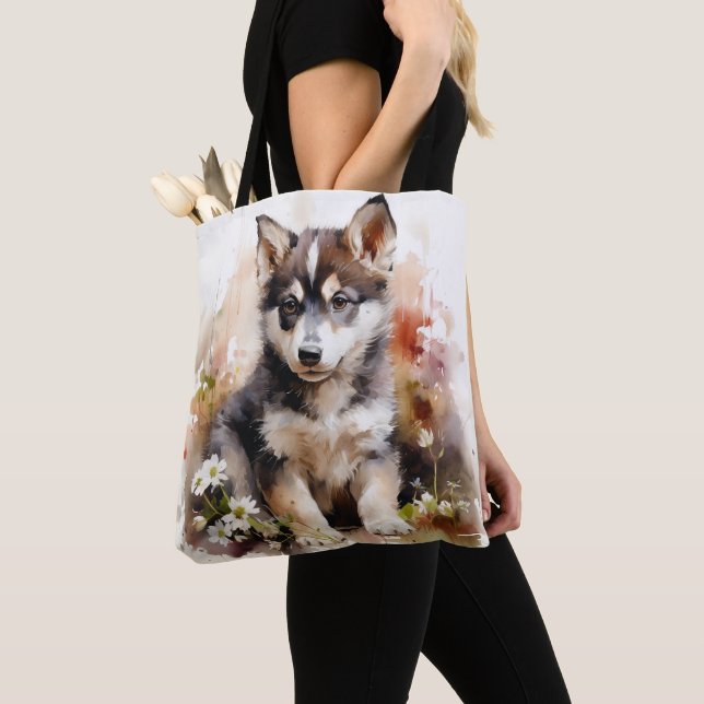 Cute Siberian husky Puppy Tote Bag Tygkasse (Närbild)