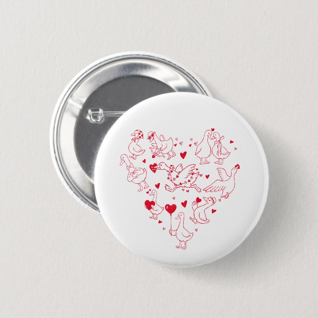 Cute Silly Goose Heart Valentine Button Pin Knapp (Framsida & baksida)