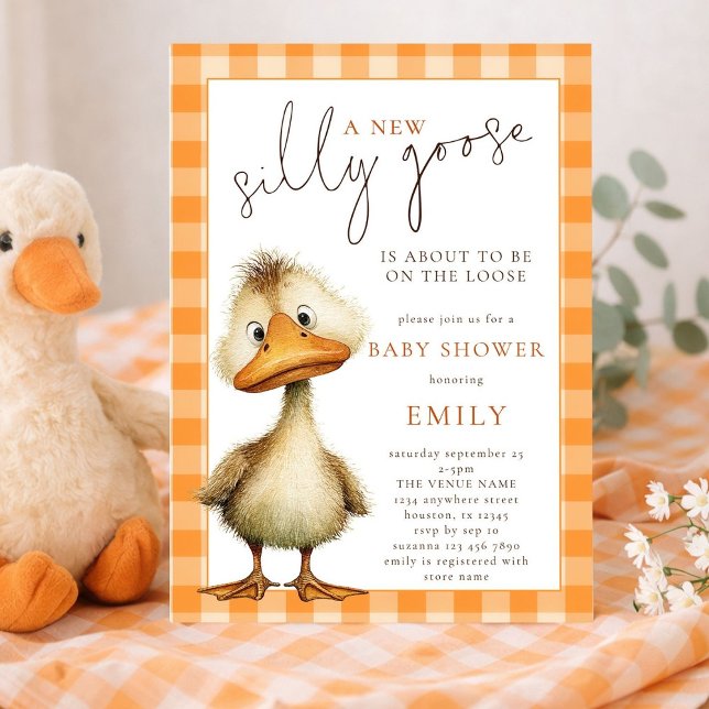 Cute Silly Goose Orange Gingham Baby Shower Inbjudningar (Skapare uppladdad)
