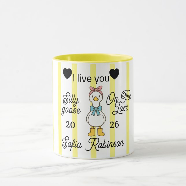 Cute Silly Goose Pink Stripe Personalized Mug Mugg (Center)