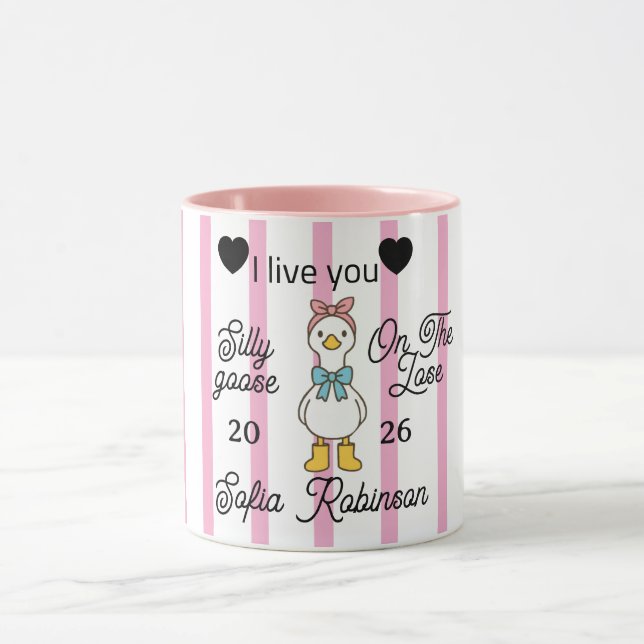 Cute Silly Goose Pink Stripe Personalized Mug Mugg (Center)