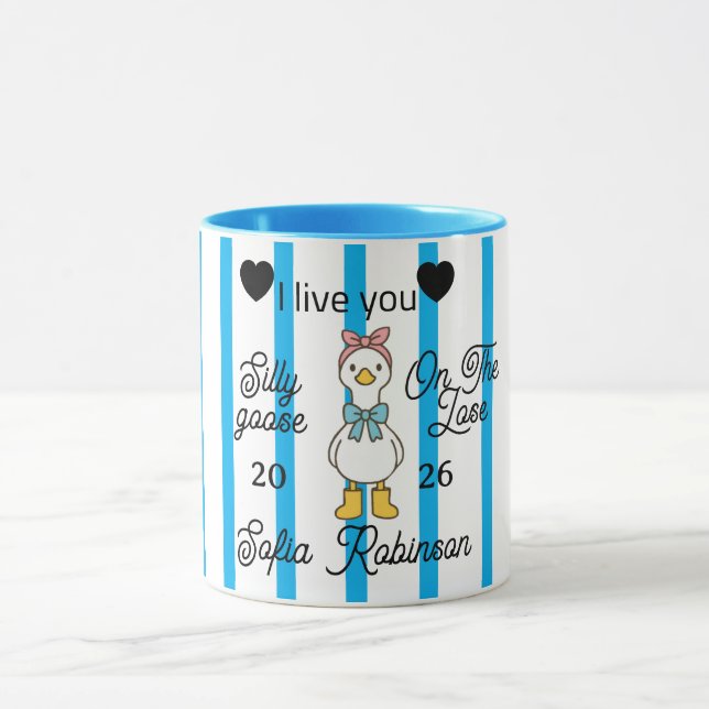 Cute Silly Goose Pink Stripe Personalized Mug Mugg (Center)