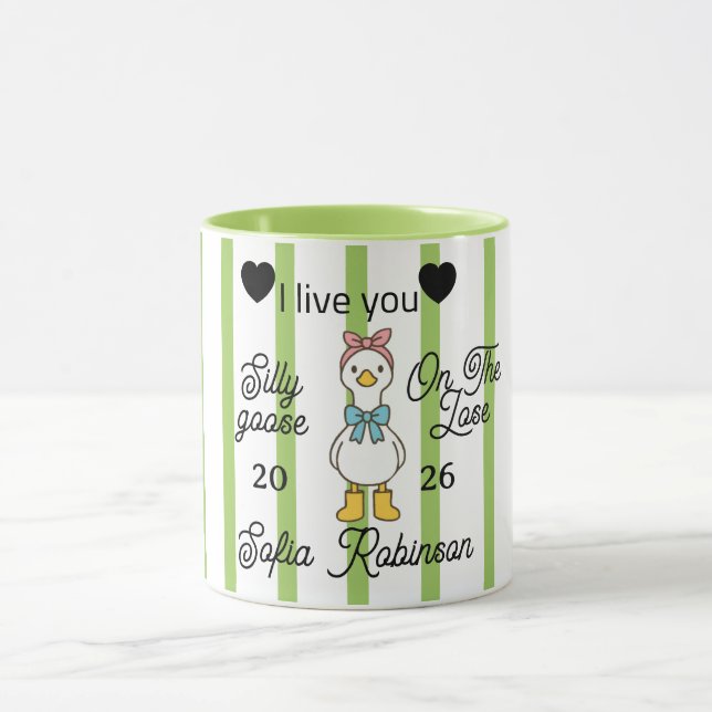 Cute Silly Goose Pink Stripe Personalized Mug Mugg (Center)